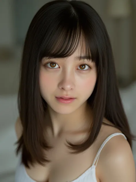 セミロングのhairと白い肌を持つ、 A young Japanese woman named Kanna with semi-long hair and white skin , hair、  she was wearing light makeup   ,   has semi-long hair and white skin next to her  ,  Snow white skin . looks like、 topless、 she smiled  natural light shines  ...