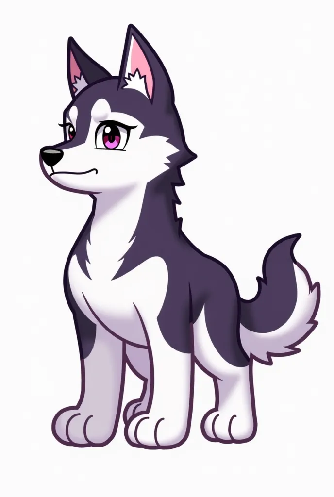 Fursona reference sheet of a purple, black, grey, and white Husky pup standing on his feet, front side of him on half back side of him on the other half, not anime style, with a swatch of thr colors on the side of the image