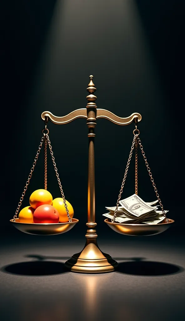 A justice scale: on one side, basic food;  on the other, a pile of insufficient money. Dark background with dramatic lighting.  front angle, Focus on the scale."