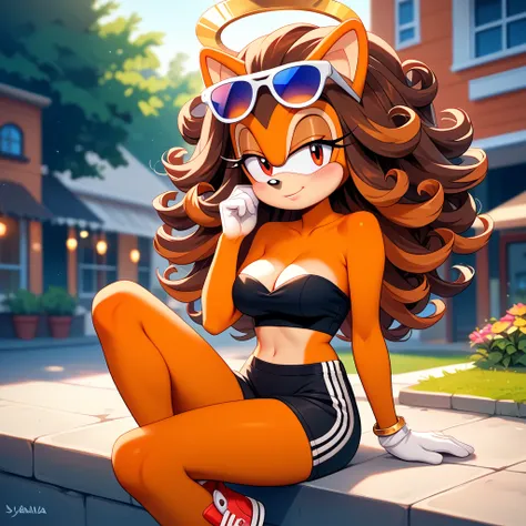 solo, mobian, hedgehog, two-tone fur ((orange fur, brown fur)), pyjama elastic shorts, strapless crop top, cleavage, high-top sneakers, two-tone hair (brown hair, black tip)), curly hair, halo, sunglasses, jewelry, red eyes, longeyelashes, red eyes, smile,...