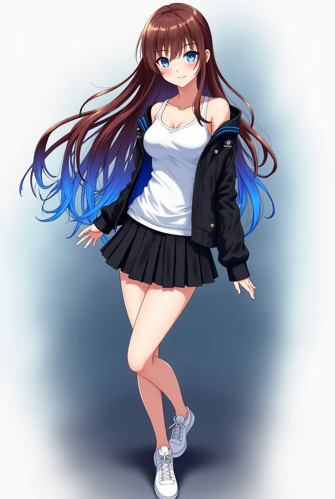 Here is a prompt to generate an anime model with brown hair, blue highlights and a unique and beautiful physique:

Prompt:
"An anime model with stunning light brown hair, long and fluid, with striking blue highlights that go from a strong blue from the roo...