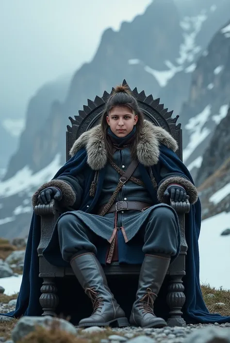 he is a king , sitting on his throne in the middle of a snowy mountain, smoking . Cool and gloomy , there is a serious and hard look on his face . The hair color is brown and the face fits snugly to the body.