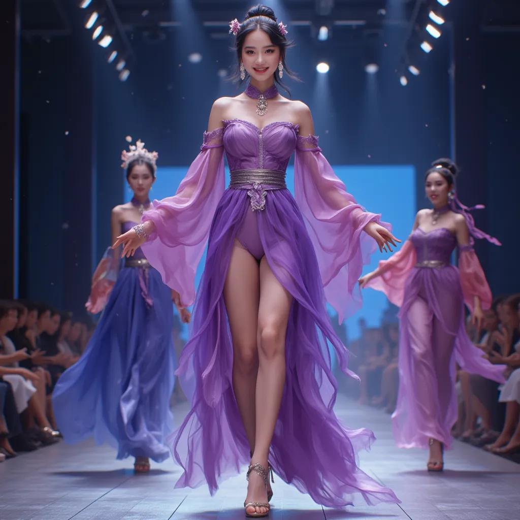 The best quality, masterpiece, Ultra HD 8K images, perfect body details, details, white tones, oily skin. Realistic images, a very beautiful Vietnamese woman, wearing a traditional dress and thigh-high slit áo dài. Dressed in thin purple and pink clothing....