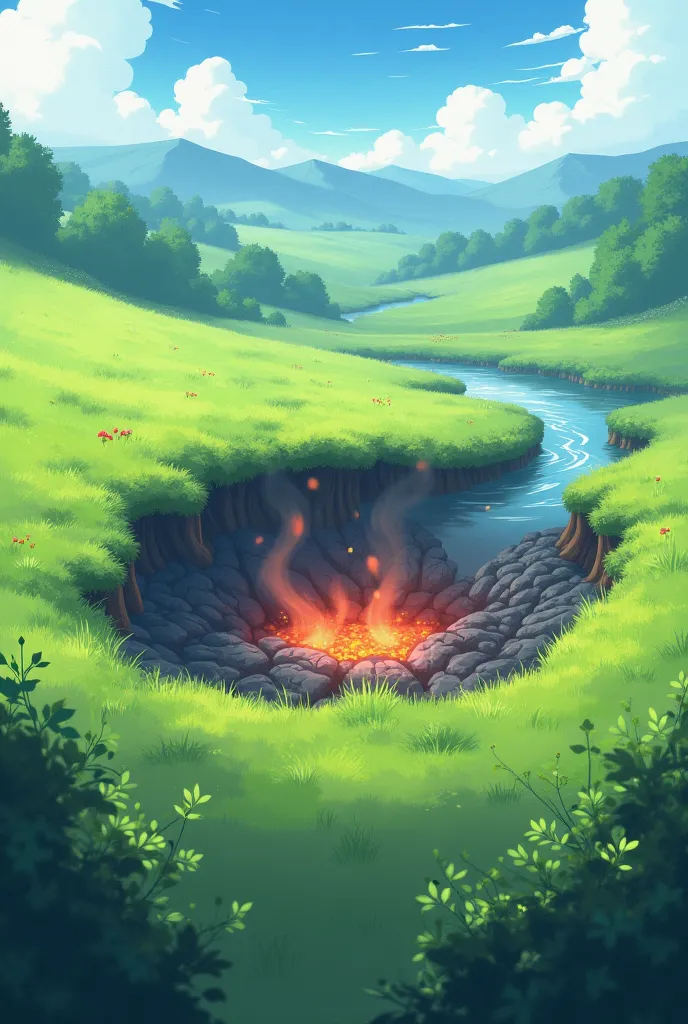 anime, small crater with heat and smoke but not too deep and large, grassy, river, anime style