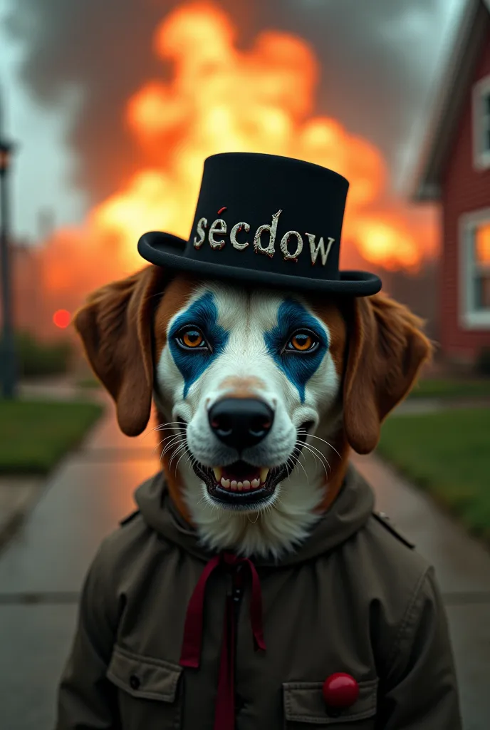 Strange dog,  Clown makeup , black hat written "secdow" and a house exploding in the background