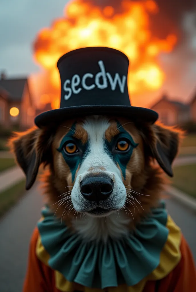 Strange dog,  Clown makeup , black hat written "secdow" and a house exploding in the background