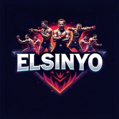  A Logo ,denan text "ELSINYO" , in the style of modern esports,versus from various fights that is the UFC,mixed martial arts,WWE,slap battle,karate