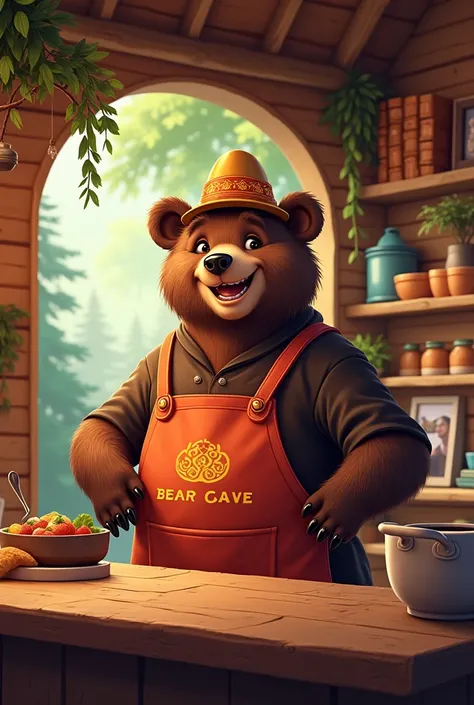 imagine a logo for a bloodsuckery called "The Bear Cave" Friendly Bear and Chef lyrics in Spanish 