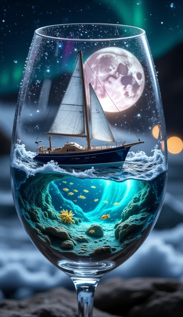 In a crystal-clear wine glass, an enchanting miniature world of a nocturnal ocean is enclosed, featuring the sailboat "Tartan". The glass has perfectly clean walls that allow full appreciation of the magical scene inside. Its faceted sides create a gentle ...