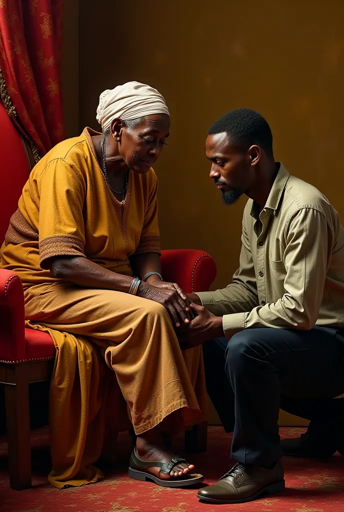 a painting of an old poor Ethiopian woman sitting on a red chair with a Black man kneeling down next to her, washing her leg with water, intimate moment of care, emotional expressions, detailed facial features, luxurious surroundings, rich fabrics, warm an...