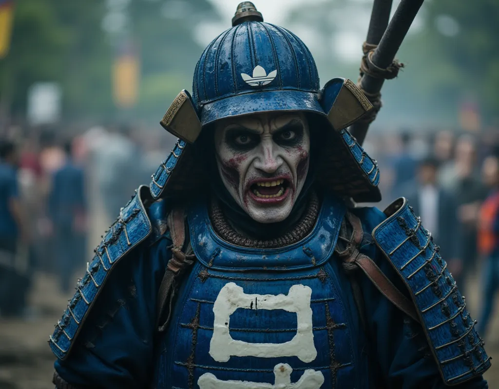 samurai in an epic scene, with blue and shiny armor, written adidas in large porcelain-like white on the chest, zombie samurai, scared and imposing face, blue metal helmet and 3 central stripes, scene with a horror atmosphere, 8k