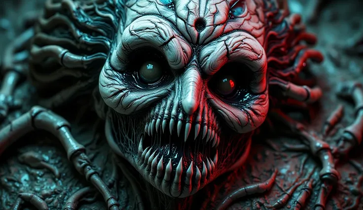 8k hyper-realistic horror close-up: cracked porcelain mime mask fused with rotting flesh, black tar-like blood oozing from eye sockets, metallic teeth protruding through cracks, veins pulsating with dark liquid. Cinematic chiaroscuro lighting, teal and cri...