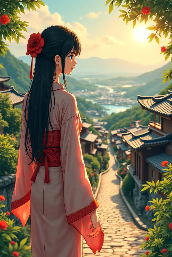 Let a cool anime girl face her back to take a tabletop photo and let the landscape stand out looking at the Japanese village from the far side