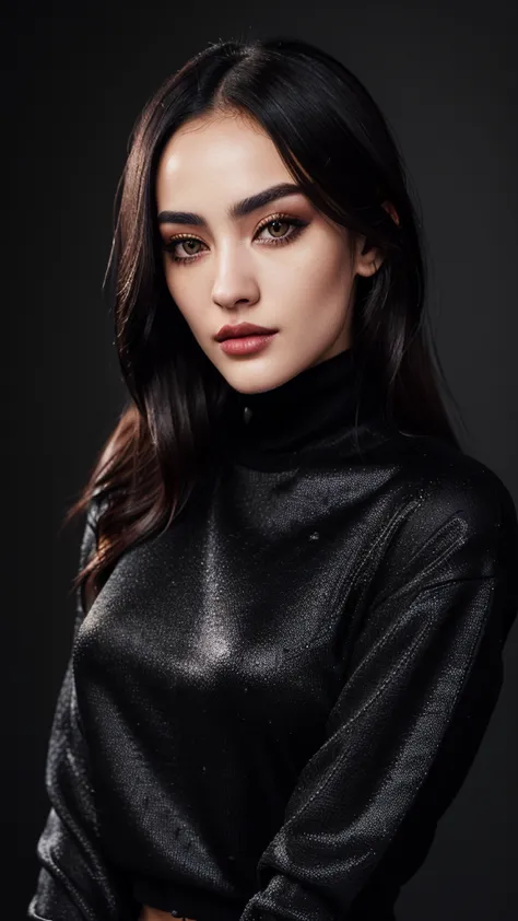  women in black throttle and black sweater, Dilraba Dilmurat,  Anna Nikonova ,  known as new milk ,  sexy face with full makeup ,  high quality portrait , round chin black eyeliner,  portrait of Sofia Mudd ,  Anastasia Ovchinnikova ,  with professional mak...