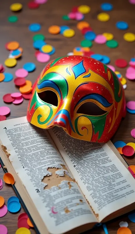 A bright and colorful carnival mask private on the floor, partly covered by confetti. next to, a torn and dirty Bible page of soft drink contrasts with the superficial joy of the surrounding environment.