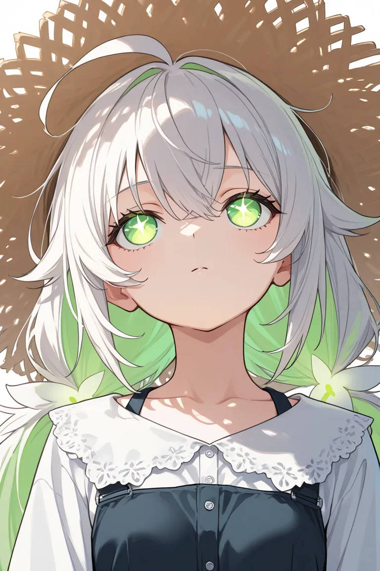 {best quality}, {very aesthetic}, {ultra-detailed}, {best illustration}, girl, loli, white petal accessories, white hair, light green inner hair, messy hair, twintail, innocent, emotionless, sleeping Glowing Star Eyes,
Looking up, ahoge, straw hat, white b...