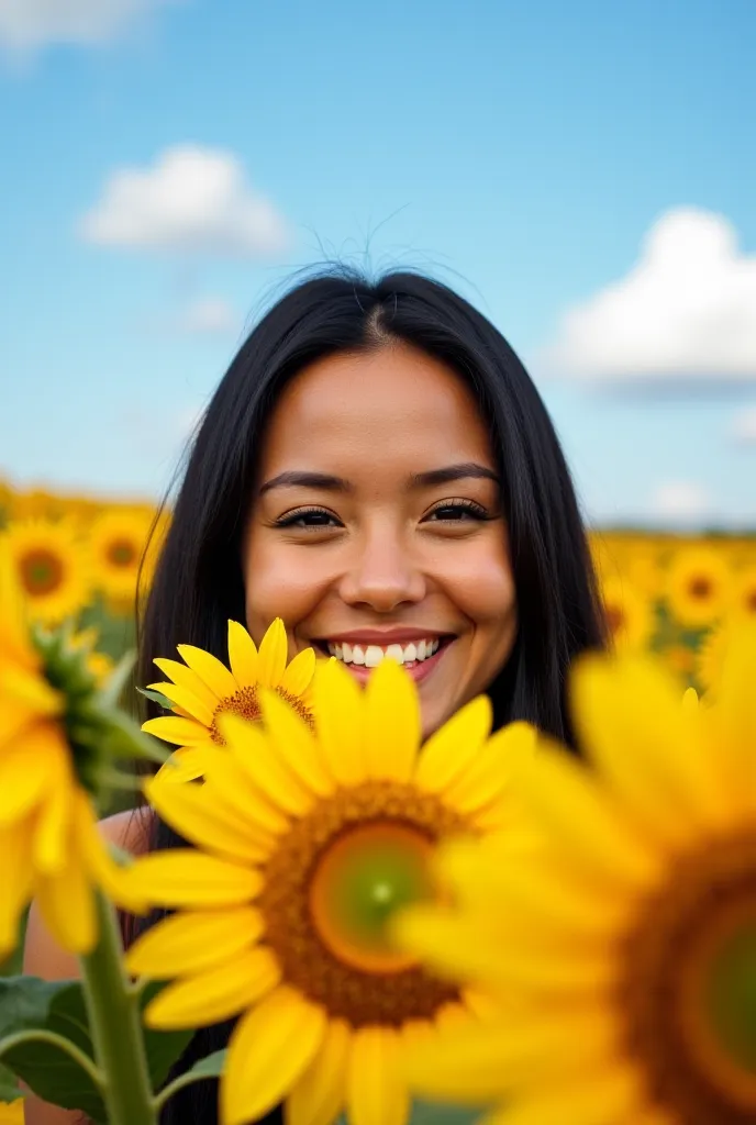 Image of sunflower fields on a clear day with blue sky,  nubes blancas. With a woman with tan skin,  straight black hair, Skin-eyed . Sitting with her face facing the front, smiling and smelling a bouquet of sunflowers.