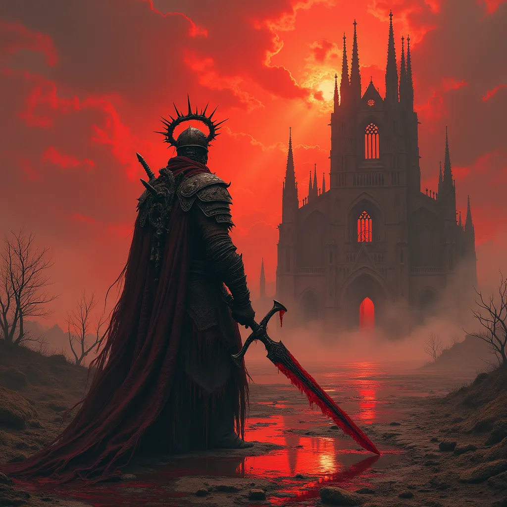 A lone warrior in tattered robes, wearing a spiked iron helmet shaped like a crown of thorns, stands in a desolate wasteland. His sword drips with dark blood, reflecting a crimson sky torn by jagged clouds. In the distance, a crumbling cathedral looms, its...