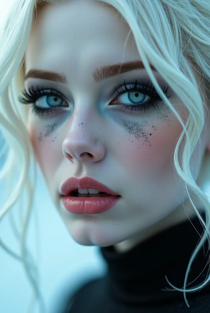 Mix this face with ana de armas, make her slivery pale almost white blonde, mix her face with jennifer lawrence, piercing light blue eyes, most details on her face, black goth makeup