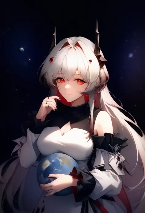 score_9, score_8_up , score_7_up , 1girl , closed_mouth, frilled_sleeves, frills, hand_up , horns, jewelry, long_hair, long_sleeves, looking_at_viewer, medium_breasts, red_eyes, ring, smile, Alone, Theresa_\(arknights\), thumb_ring, two-tone_dress, very...