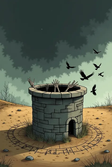 Serious cartoon in the style of charge. An old stone well in a dry, abandoned field. from the bottom, pale, bony hands try to hold on to the edge. The dark, cloud-laden sky threatens a storm, as black birds fly in circles around. The ground surrounding the...