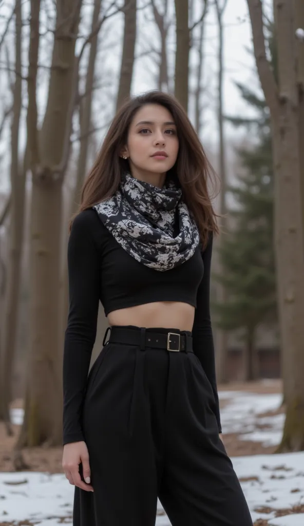 woman,The image shows a person standing outdoors in a forested area. The individual is wearing a black crop top and high-waisted pants, with a black and white floral scarf draped around their neck. The background consists of tall, leafless trees, suggestin...