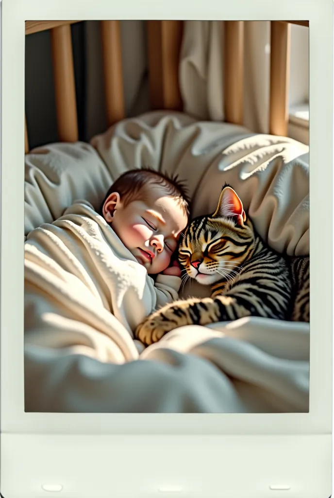 A SELFIE in the form of a Polaroid photo (Polaroid borders). a baby sleeping in the crib next to a sleeping cat. 8k,  realism, True Love
