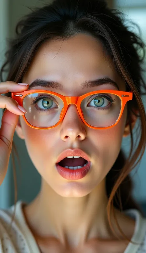 realistic woman, fair skin, green eyes, she is wearing orange framed glasses, she has a surprised expression, she is lowering the glasses below her eyes. with one hand,