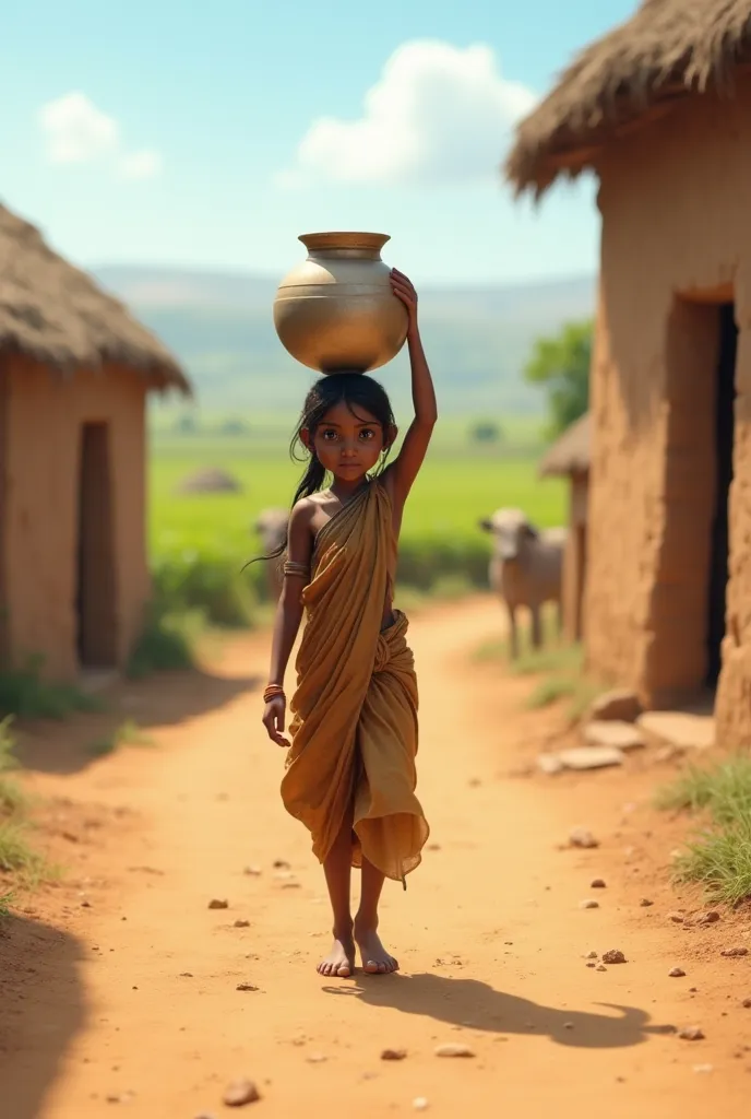 
Prompt:
“A 3D scene of a small, rustic village with humble houses made of mud and thatch. In the foreground, a young girl, Radha, is carrying a water pot on her head, walking barefoot on a dusty road. The sun is bright, and the sky is clear. The backgroun...