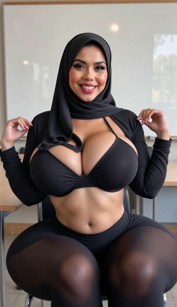 Two muslim womn   shiny  hijab, big breasts, showing long green transparent (portrait), (camera view slightly from above), (full body photo), A gorgeous matured teacher sit on a chair behind white board,((35 year old)), ((malay women)), slightly curvy fit ...