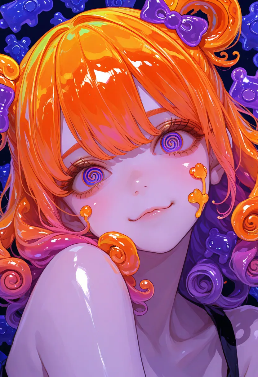 Anime girl shiny fluorescent curly hair, color purple neon orange ,swollen cheeks,colorful Chinese letters,gelatin hair, spiral eyes ,Gummy bear