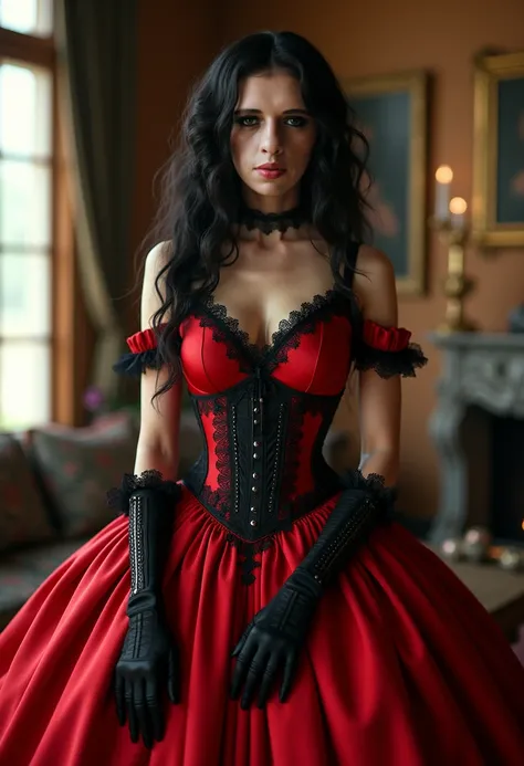 create a beautiful tall woman in a Victorian era dress with a wide and long skirt in red with black lace and red corset with black , with black gloves with the face character reference in steampunk style in a living room with lots of light 
