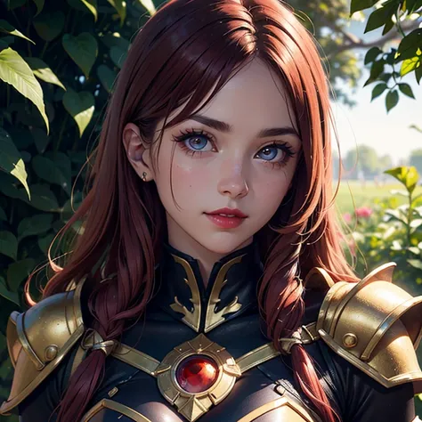 Sexy woman with long red hair, Big eyes fuchsia, small nose, Blood red lips, extra large breasts, perfect body, wearing the gold armor of Libra of the Zodiac, In spacetime.