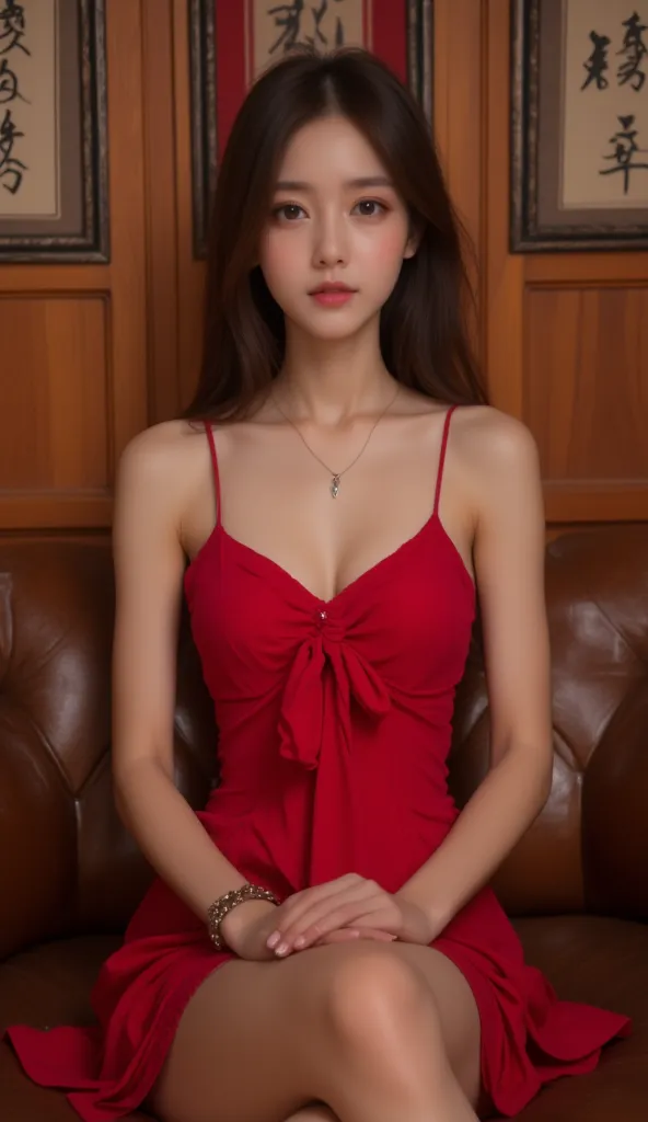 woman,The image shows a young woman sitting on a brown leather couch. She is wearing a red dress with thin straps and a bow at the front. Her long dark hair is styled down, and she is accessorized with a necklace and a bracelet. The background features a w...