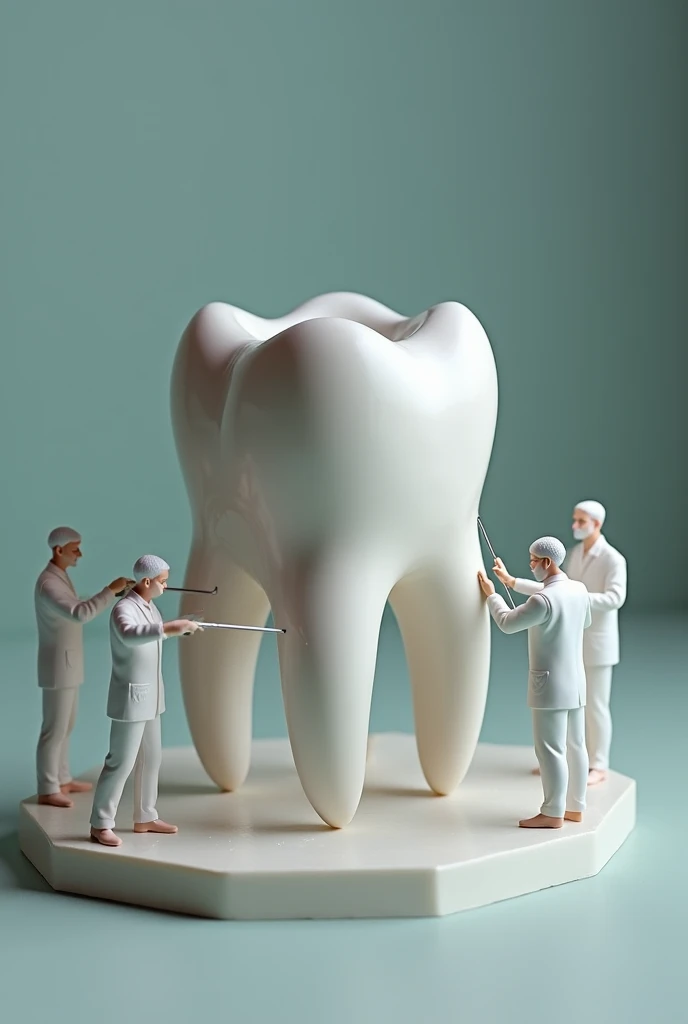 Create a scenario with dental professionals carving a marble tooth the size of two people. This tooth is in the center of the image and there are 5 professionals around it, one measuring, another sculpting, another analyzing the image, it must be like plas...