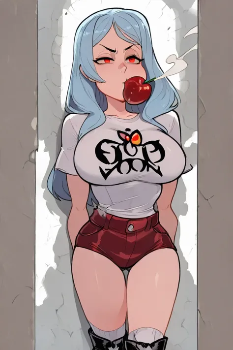 (High quality), (masterpiece), 1 woman, relieved , squinting eyes, Smoke coming out of the head, mouth shut, raising an eyebrow, pelo entre los ojos, big breasts,  thin waist,  Light Blue Hair,  long hair,  red eyes , butterfly hair brooch ,   short t-shir...