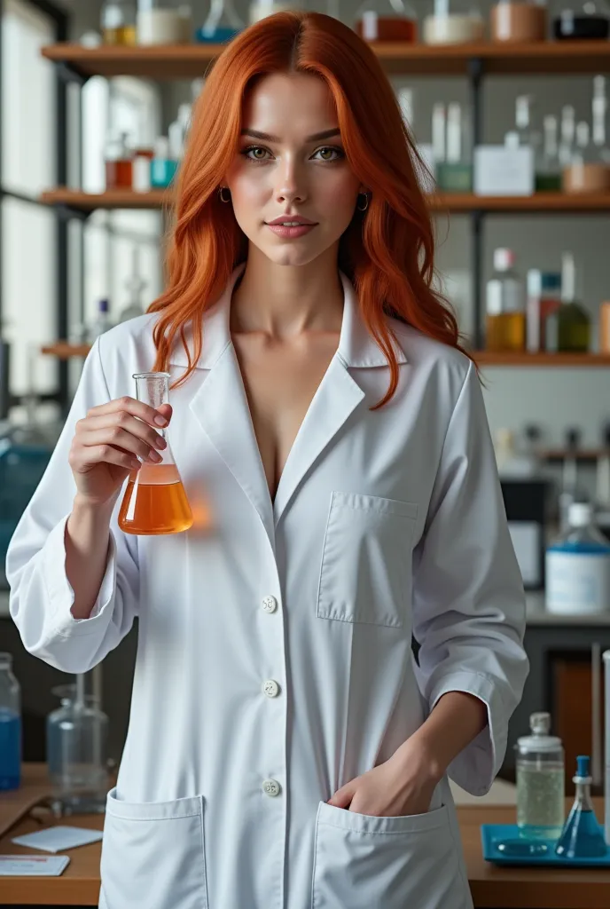 (Photorealism :1.2), beautiful woman, Pretty Red-haired Woman with features of a Latin American with perfect hands, with lab coat, inside a Chemistry Laboratory with Lots of instruments typical of a laboratory around, holding in her right hand an Erlenmeye...