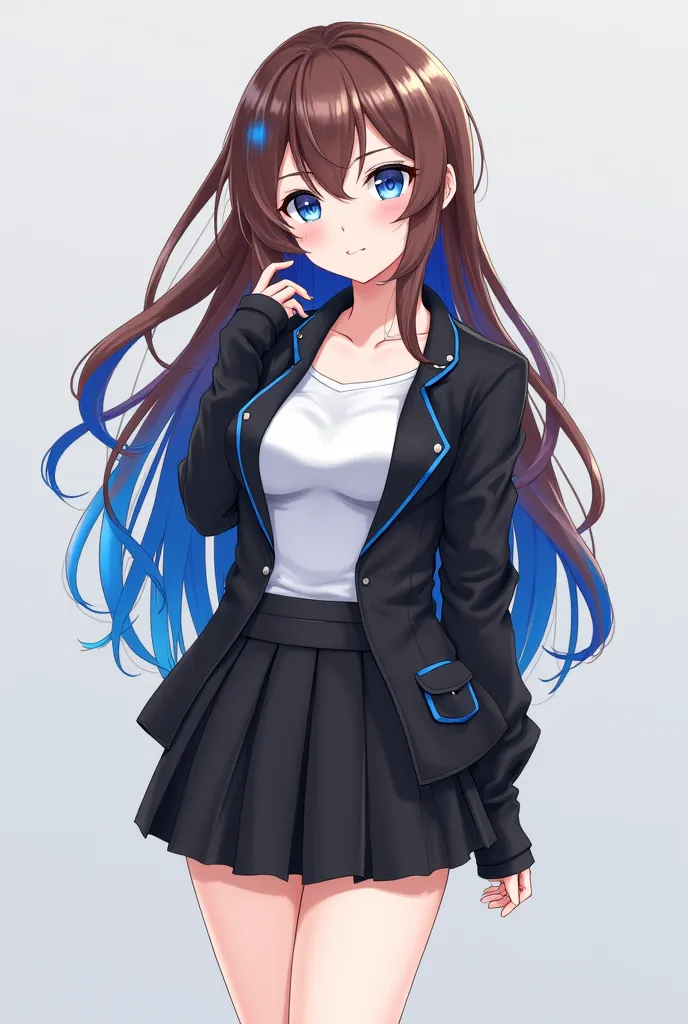 Here is a prompt to generate an anime model with brown hair, blue highlights and a unique and beautiful physique:

Prompt:
"An anime model with stunning light brown hair, long and fluid, with striking blue highlights ranging from a strong blue from the top...