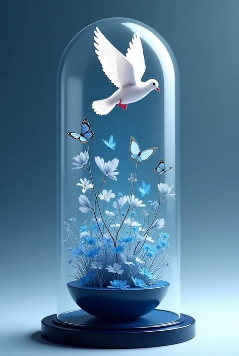 Logo, dark blue circular base, small flowers in different shades of light blue, small blue butterflies on the flowers, a white dove flying, a glass dome 