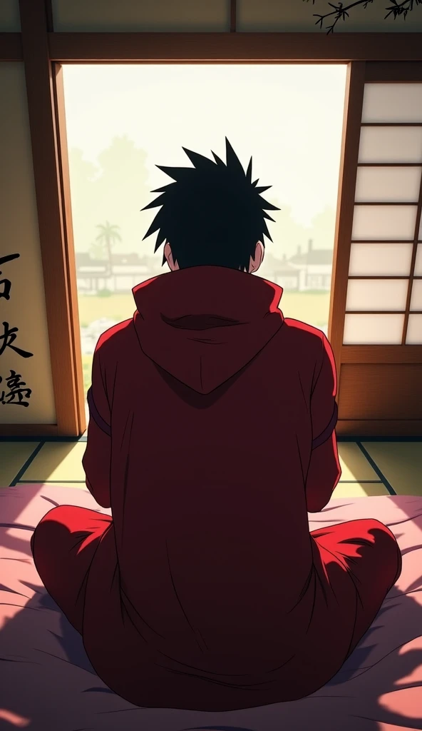 A first-person point-of-view (POV) video showing someone waking up as Itachi Uchiha. Ultra-realistic hands appear first, resting on a traditional Japanese futon. The surroundings depict a typical Uchiha clan room, with tatami mats on the floor, a shoji win...