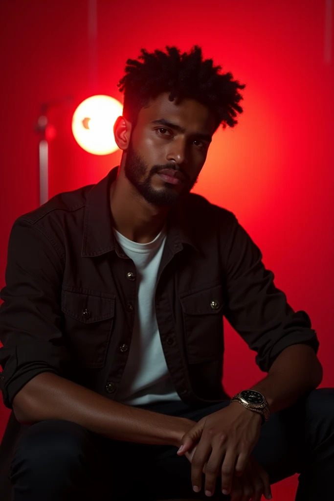 A photo of a 21-year-old Somali man sitting in a studio. He is wearing a casual outfit and has a beard. There is a red light in the background.