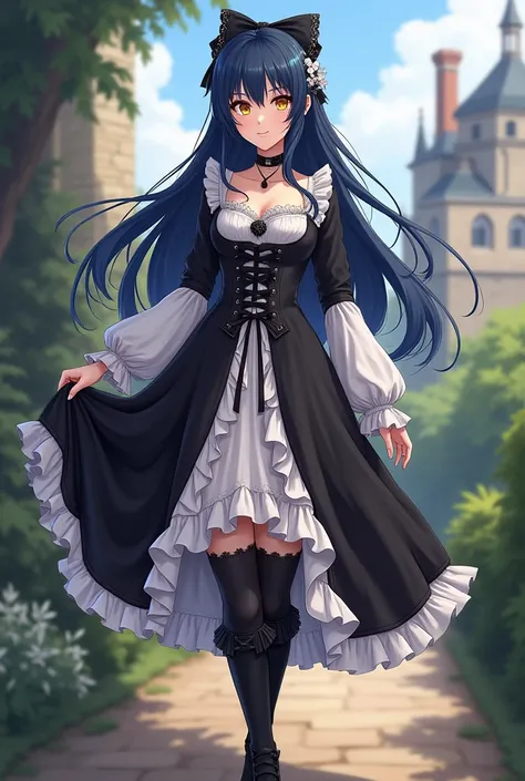 Adult female. Fully body. Long flowy blue/black hair. Bright gold eyes. big thick lashes. Anime cartoon Style. Black and white Victorian 18th century style dress, thigh high stockings and knee high black boots. Hair bow accessories. Black Choker necklace a...