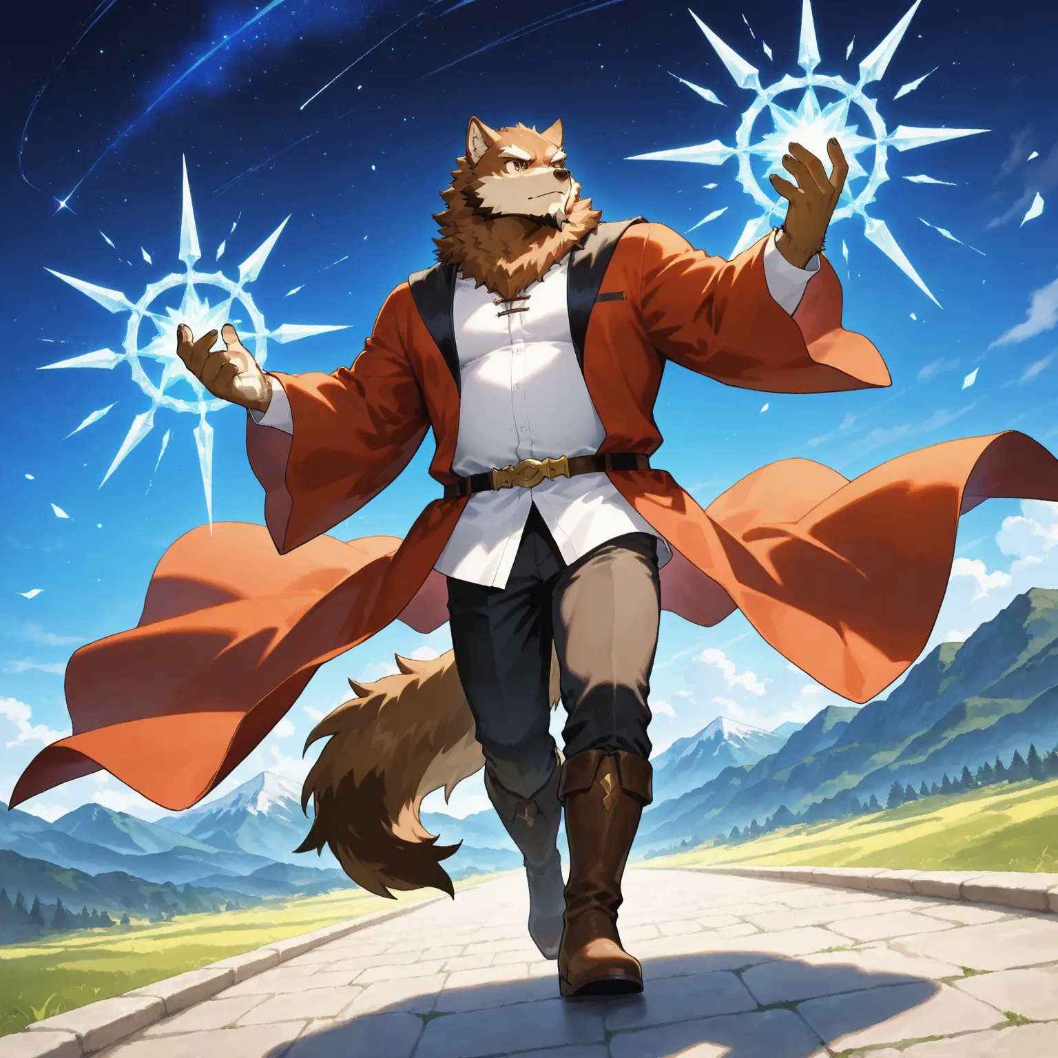 character focus, full body, looking away, dynamic angle, fantasy, wizard, a musclegut middle-aged wolf man, heroic wizard costume clothes, robe, shirt, pants, boots, casting ice magic, dynamic pose, BREAK full body in Michelangelo Buonarroti style, pastel-...