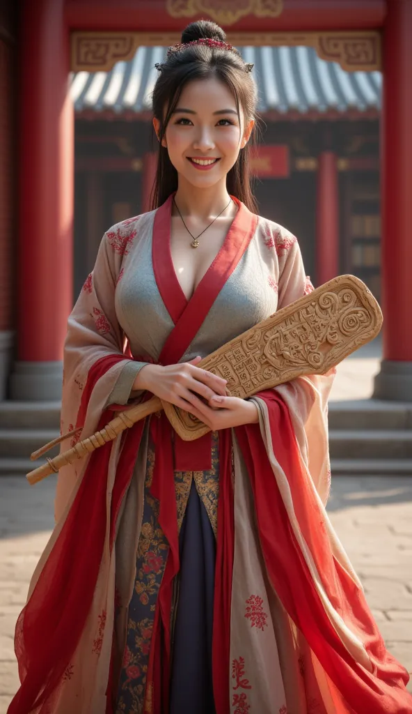 Prompt: Create a hyper-realistic wide scenery image that captures the essence of the Han Dynasty Era. In the foreground, depict a beautifully curvy female figure dressed in a traditional hanfu, holding a large, intricately carved wooden hieroglyph adorned ...