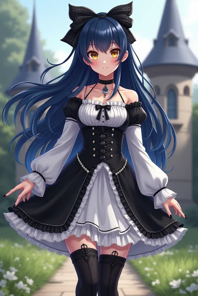 Adult female. Fully body. Long flowy blue/black hair. Bright gold eyes. big thick lashes. Anime cartoon Style. Black and white Victorian 18th century style dress, thigh high stockings and knee high black boots. Hair bow accessories. Black Choker necklace a...