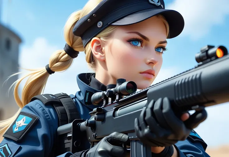 masterpiece, highres, perfect quality, perfect anatomy, focus on fair skinned blonde female wearing black patrol cap, evil blue eyes, black elite commando soldier unfiorm, ponytail braid, aiming with sniper rifle, close up view, view from side