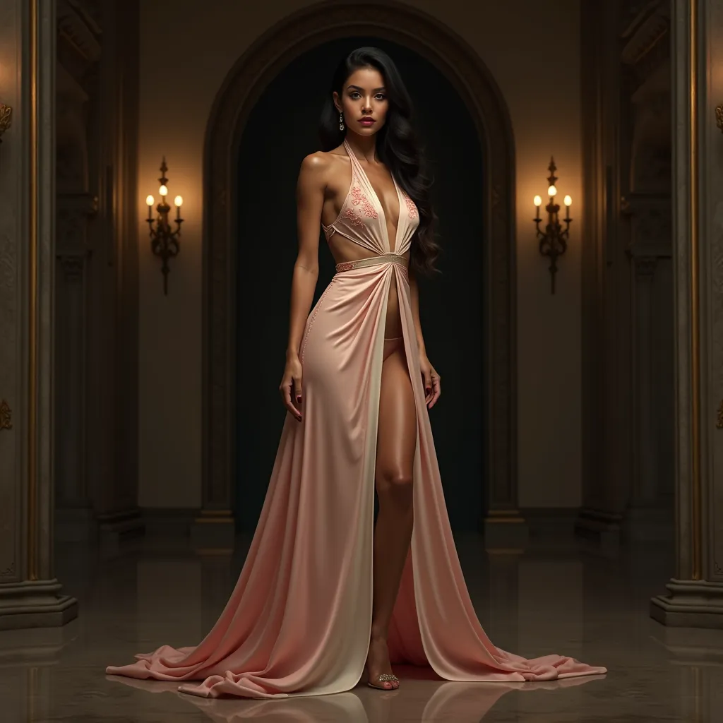 A strikingly beautiful, slender, young, Panamanian Latina woman stands in a dimly lit, opulent hall, her presence both ethereal and provocative. She wears a flowing, form-fitting gown in soft pink and cream hues, its fabric draping elegantly over her slend...