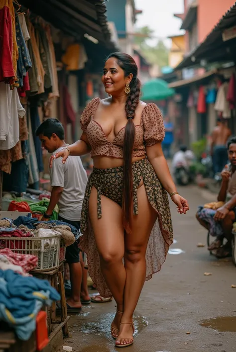 Realistic indian plus size bollywood actress Vidya Balan washing clothes. Exposing her massive gigantic thighs and thick fat calves. Her blouse is very low exposing her massive breast and huge clevage. Her long ruffled hair tied in a braid. She is looking ...