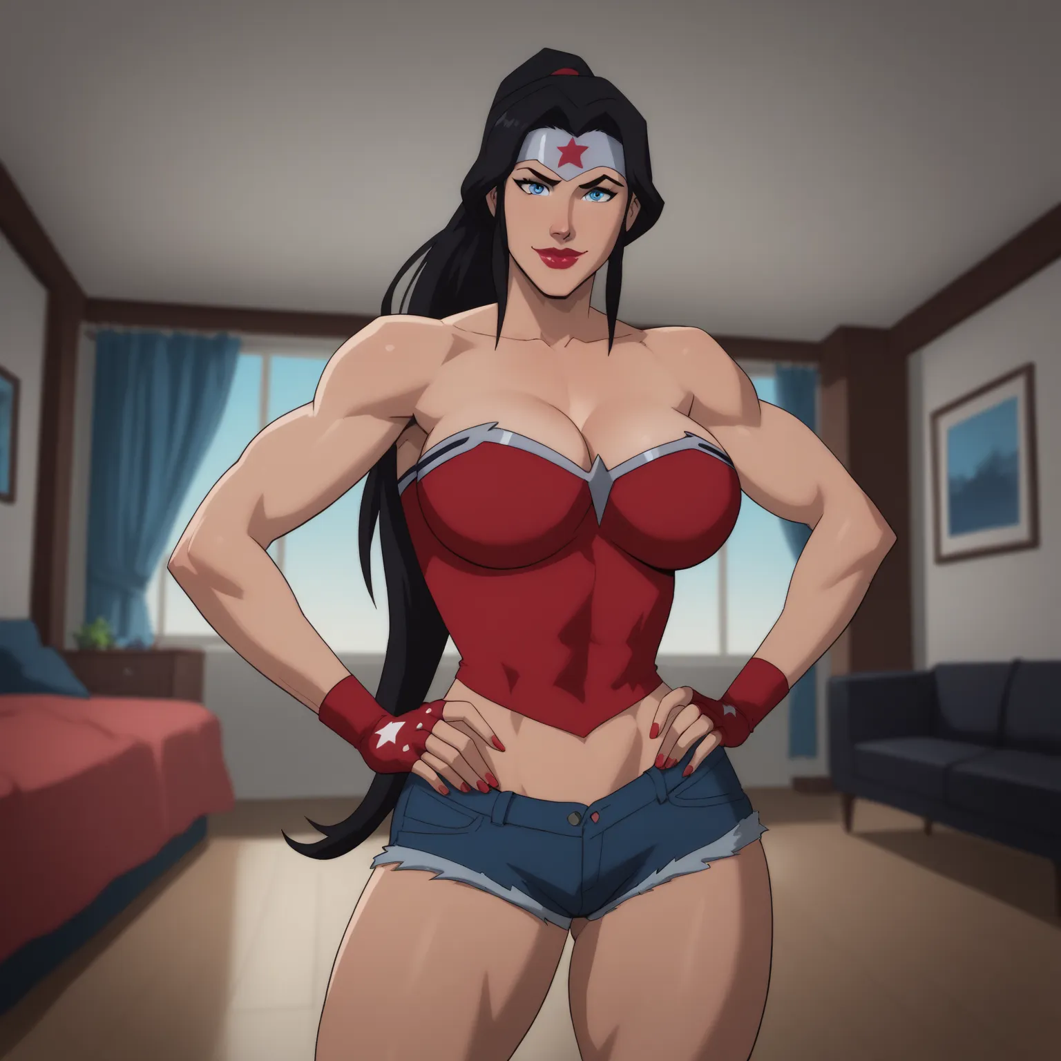 score_9, score_8_up, score_7_up, masterpiece, high quality, BREAK
 wowobldlns, forehead protector, red tube top, red jean shorts, red fingerless gloves, long ponytail, black hair, blue eyes, curvy, athletic, standing, indoors, bedroom, happy expression, sm...