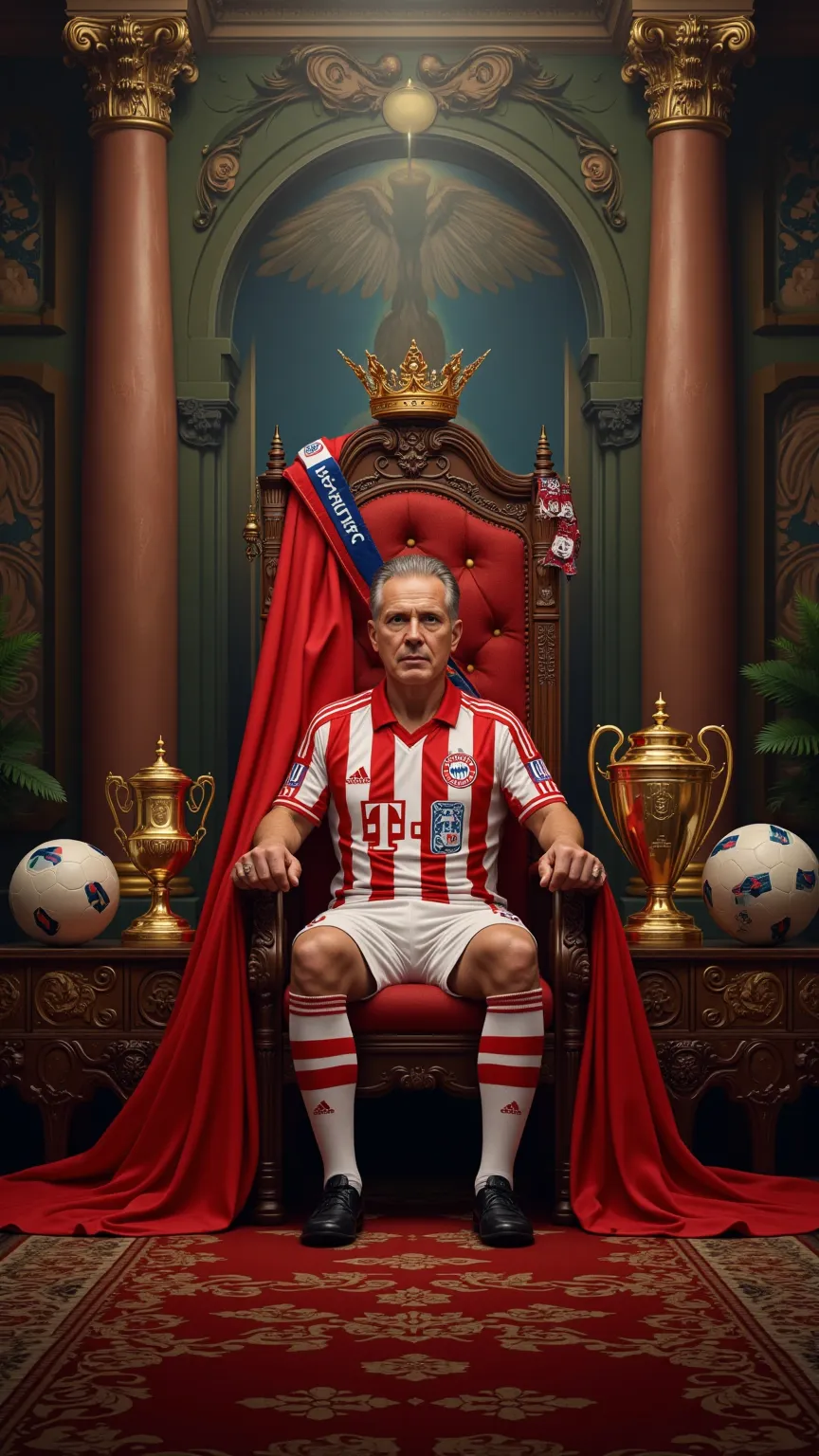 Imperial Throne ,Beckenbauer in the FC Bayern shirt,  sitting on the throne  , Imperial Bavarian cape, Grosse Krone, Cup in hand , red world champion belt with FC Bayern Munich emblems around the stomach, soccer balls, various soccer trophies, 